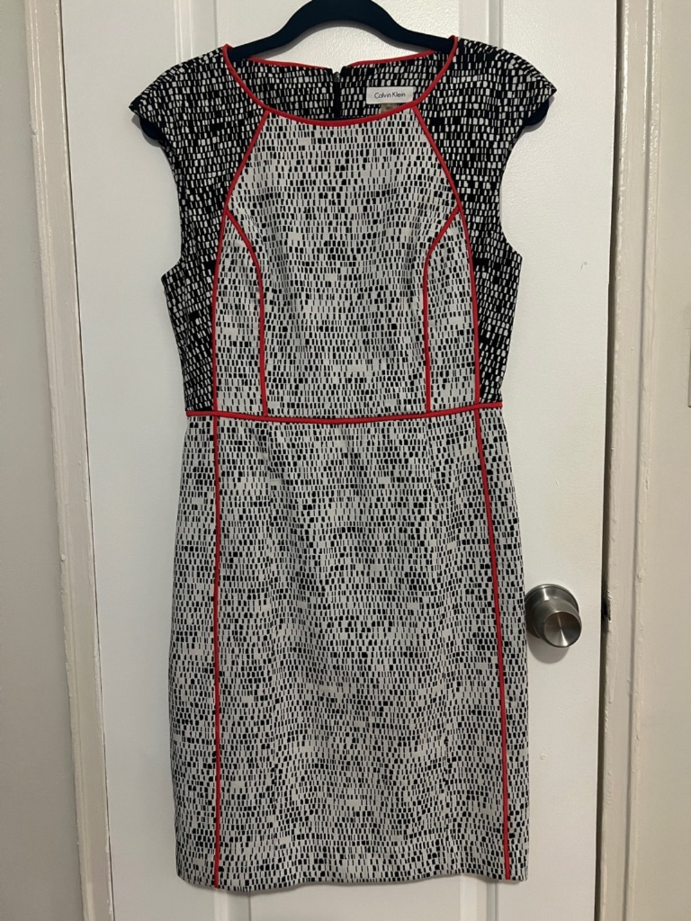 Calvin Klein Black and White Patterned Sheath Dress with Red Piping